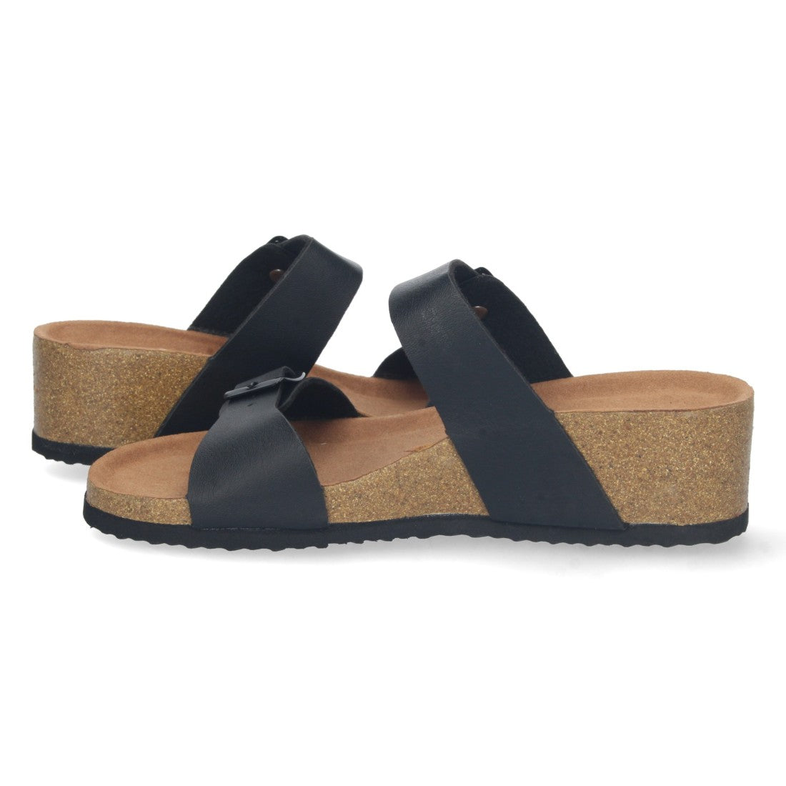 Sandalias Negras Mujer Cuña Bio Hebillas Ajustables Talón Abierto Elegantes