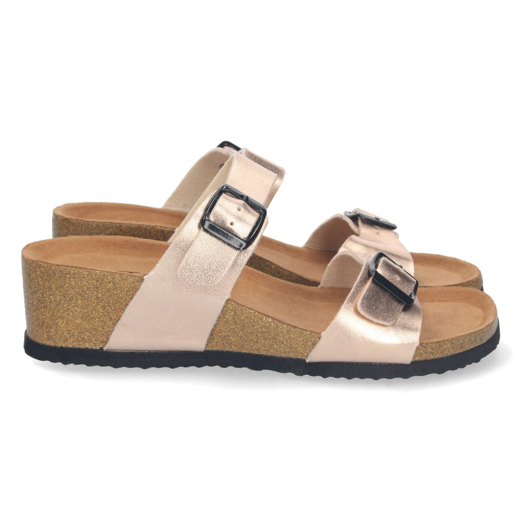 Sandalias Champán Mujer Cuña Bio Hebillas Ajustables Talón Abierto Elegantes
