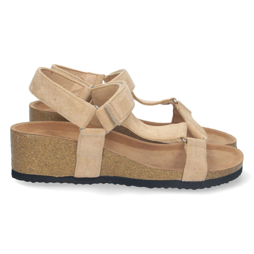 Sandalias Taupe Mujer Cuña Bio Pala en T Velcro Ajustable Elegantes