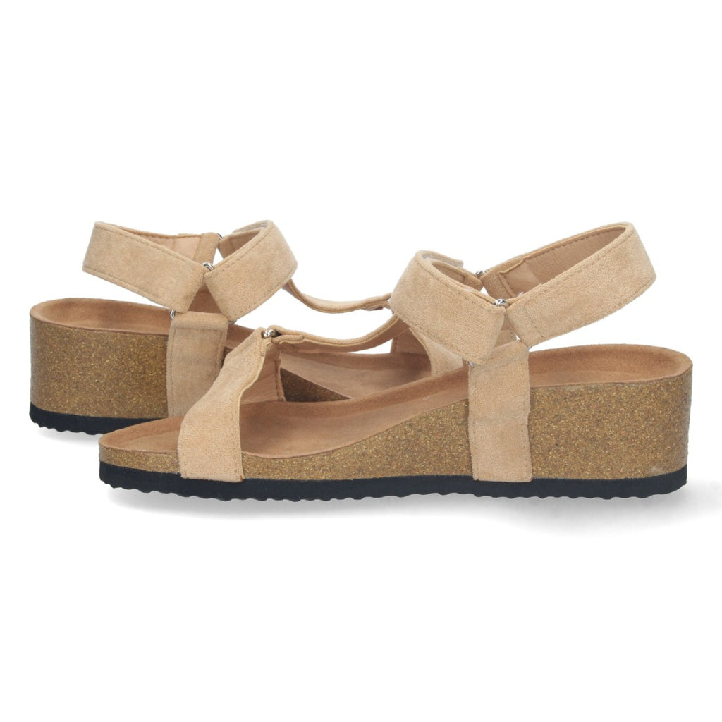 Sandalias Taupe Mujer Cuña Bio Pala en T Velcro Ajustable Elegantes