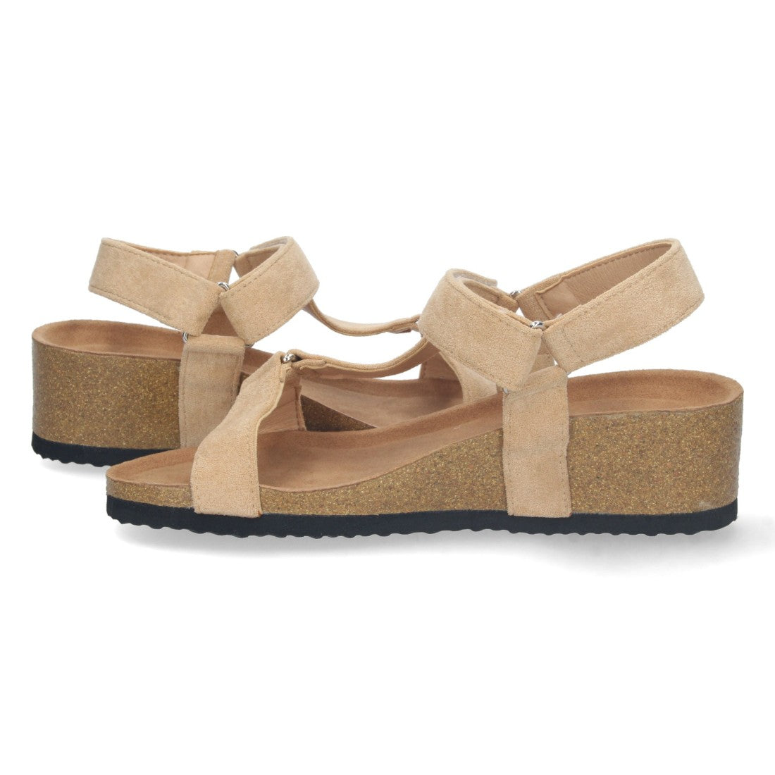 Sandalias Taupe Mujer Cuña Bio Pala en T Velcro Ajustable Elegantes