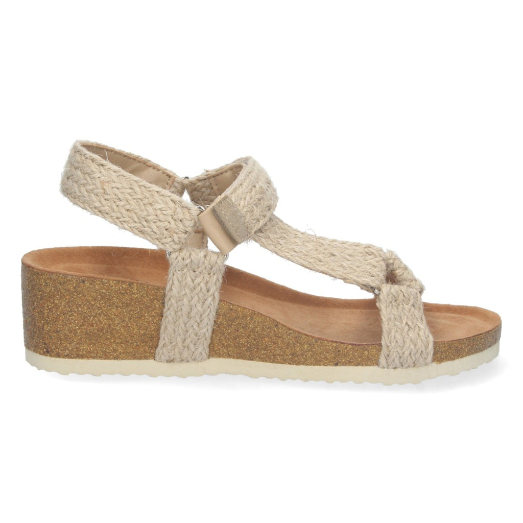 Sandalias Beige Mujer Cuña Bio Pala en T Yute Velcro Ajustable Elegantes