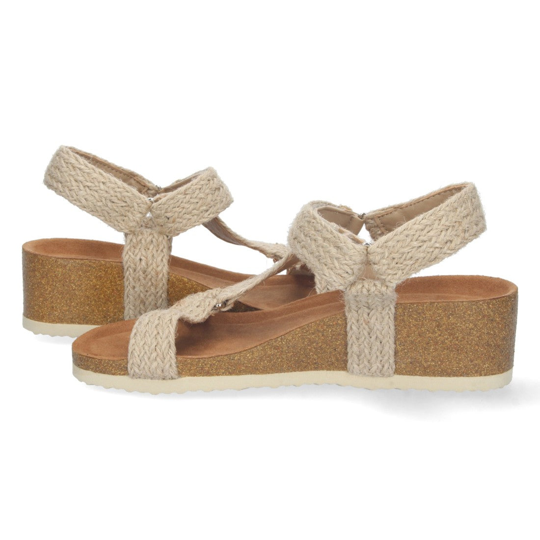 Sandalias Beige Mujer Cuña Bio Pala en T Yute Velcro Ajustable Elegantes