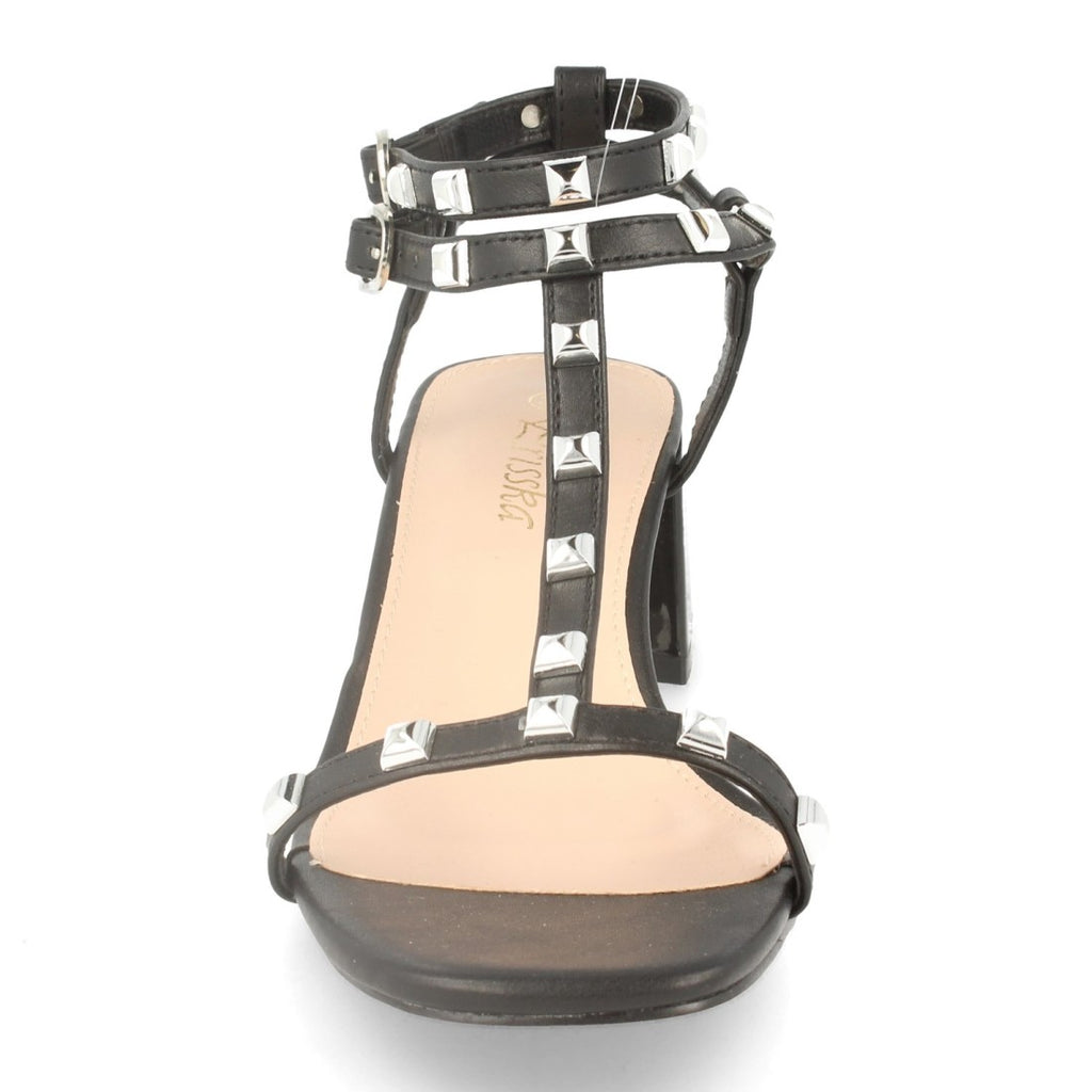 Sandalias Negras Mujer Tacón T-Strap Tachuelas Talón Abierto