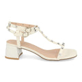 Sandalias Blancas Mujer Tacón T-Strap Tachuelas Talón Abierto