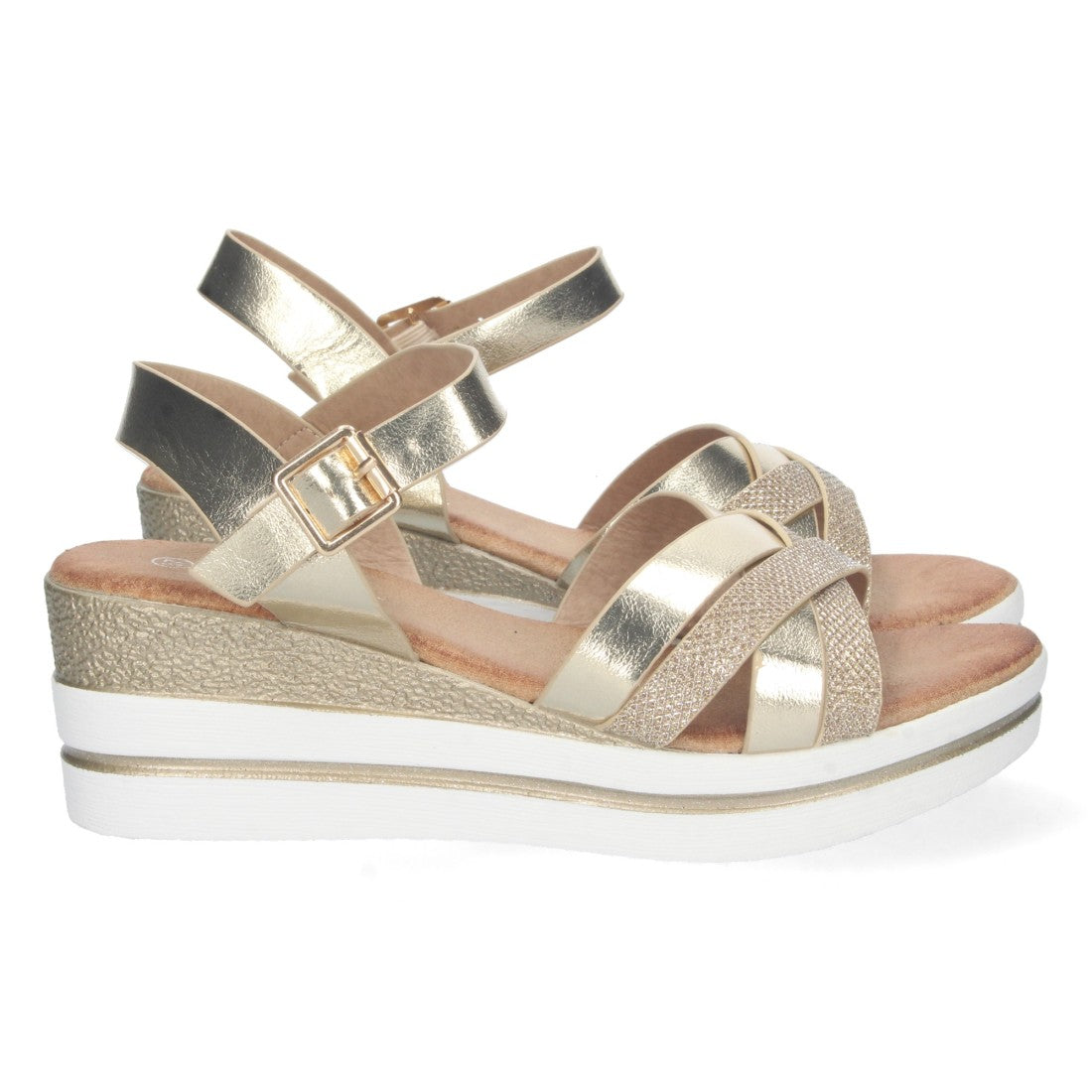 Sandalias Doradas Mujer Cuña Palas Cruzadas Brillante Cómodas