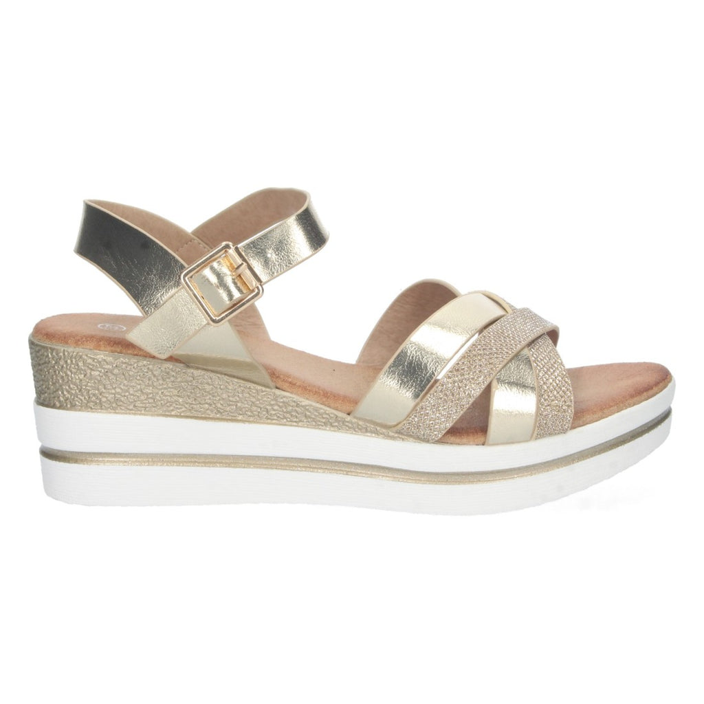 Sandalias Doradas Mujer Cuña Palas Cruzadas Brillante Cómodas