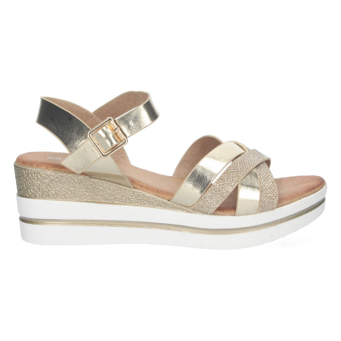 Sandalias Doradas Mujer Cuña Palas Cruzadas Brillante Cómodas