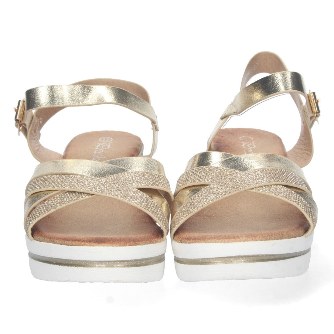 Sandalias Doradas Mujer Cuña Palas Cruzadas Brillante Cómodas