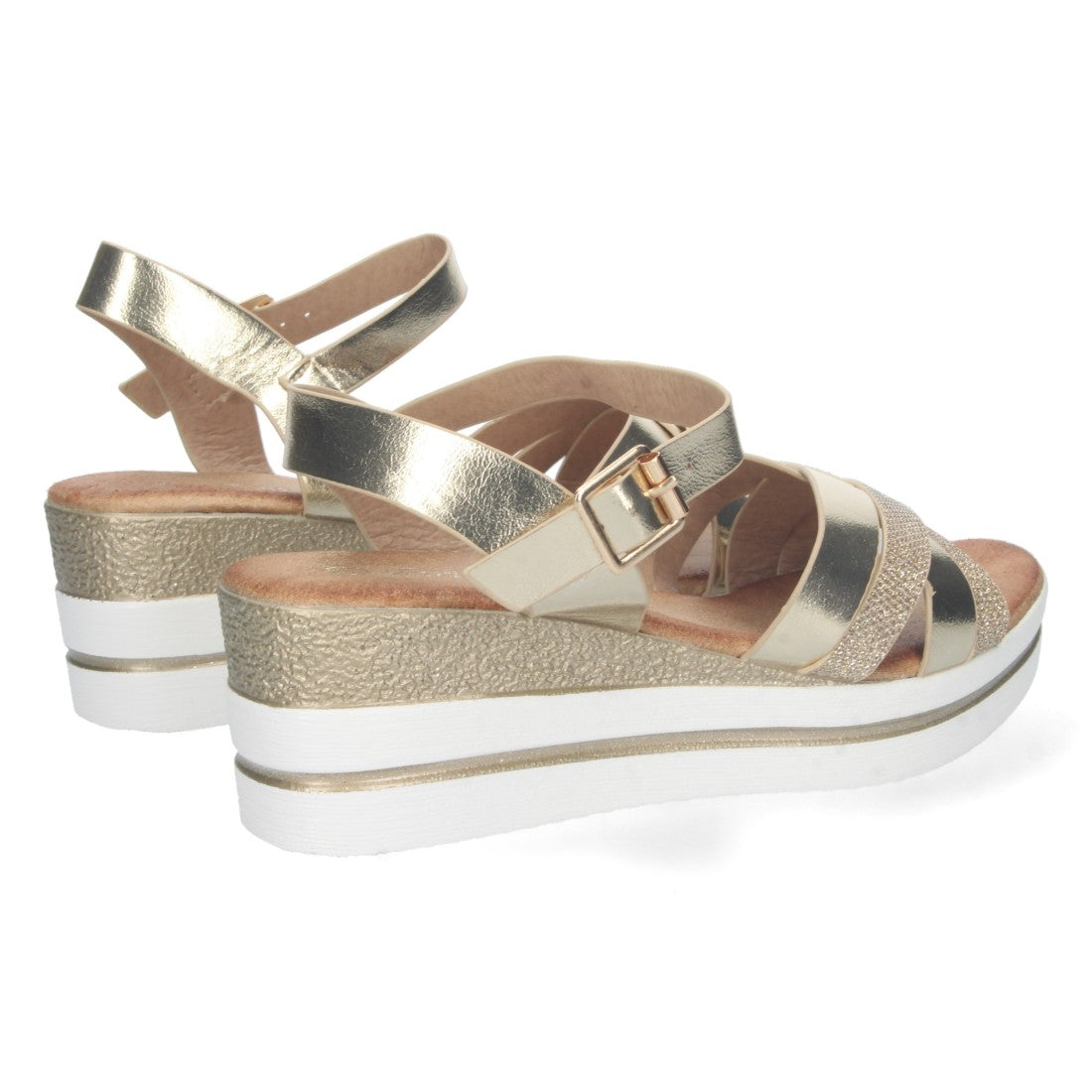 Sandalias Doradas Mujer Cuña Palas Cruzadas Brillante Cómodas