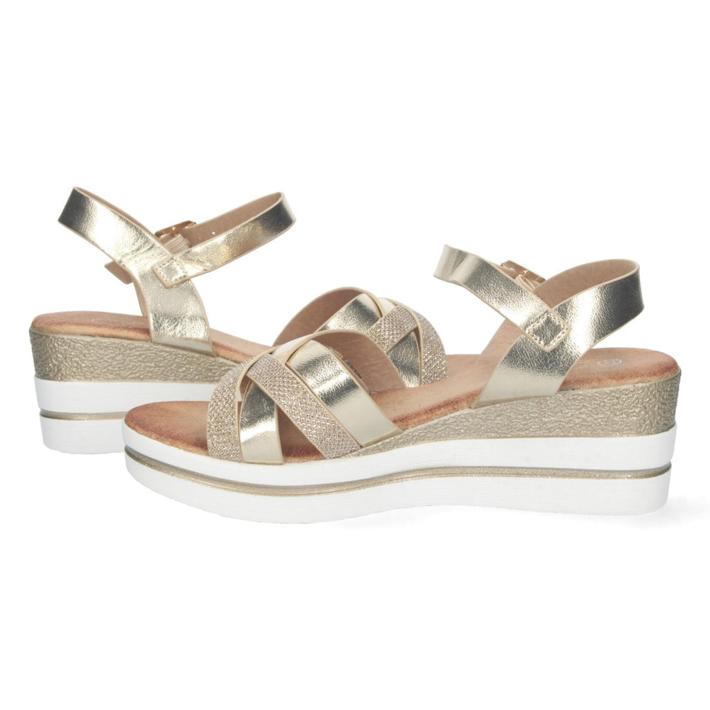 Sandalias Doradas Mujer Cuña Palas Cruzadas Brillante Cómodas