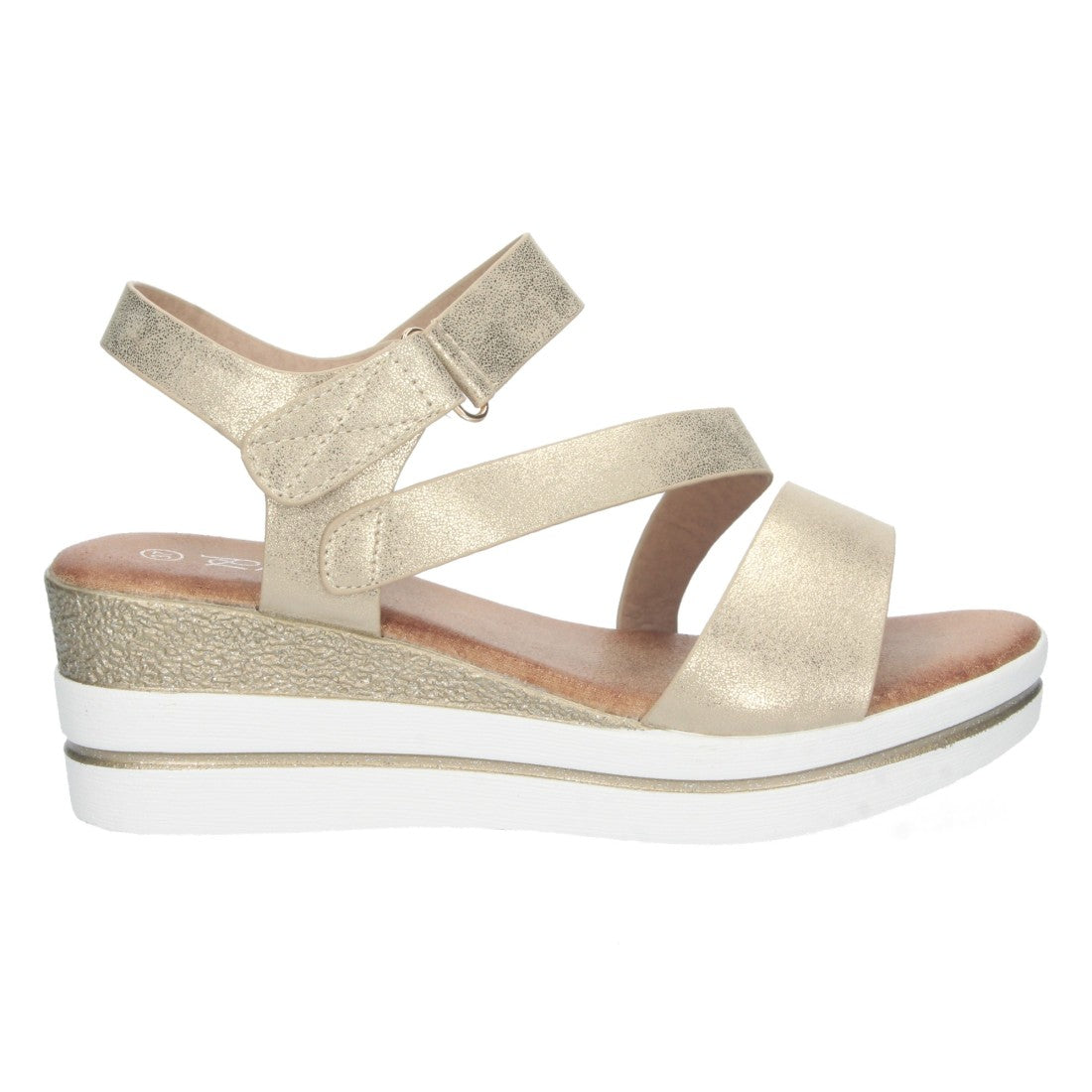 Sandalias Doradas Mujer Cuña Tira Cruzada Velcro Cómodas