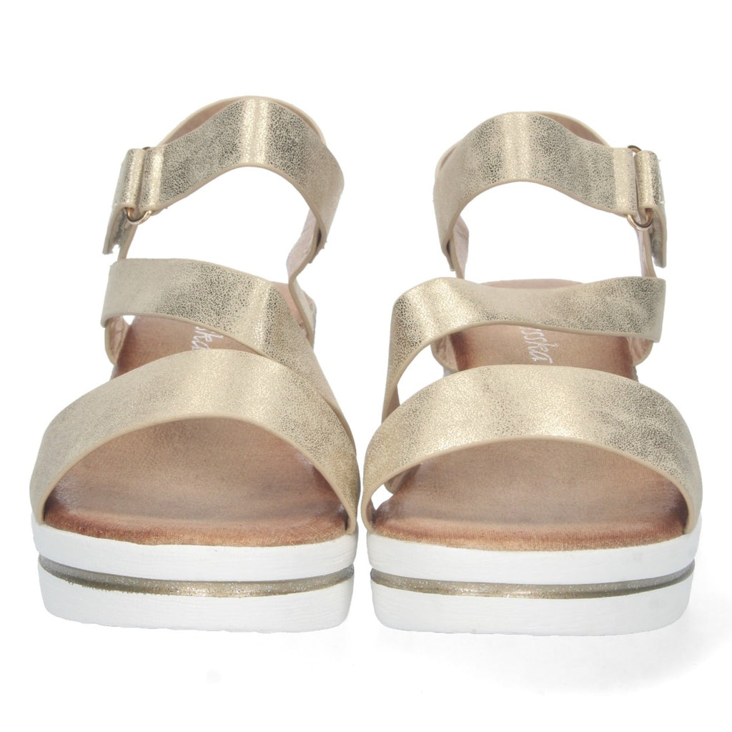 Sandalias Doradas Mujer Cuña Tira Cruzada Velcro Cómodas