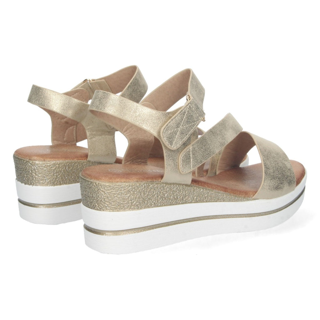 Sandalias Doradas Mujer Cuña Tira Cruzada Velcro Cómodas