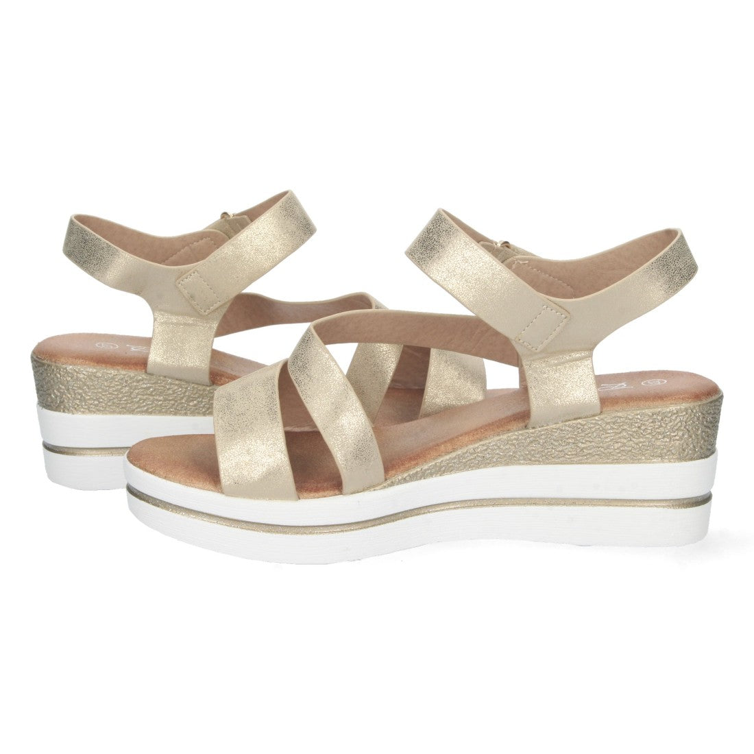 Sandalias Doradas Mujer Cuña Tira Cruzada Velcro Cómodas