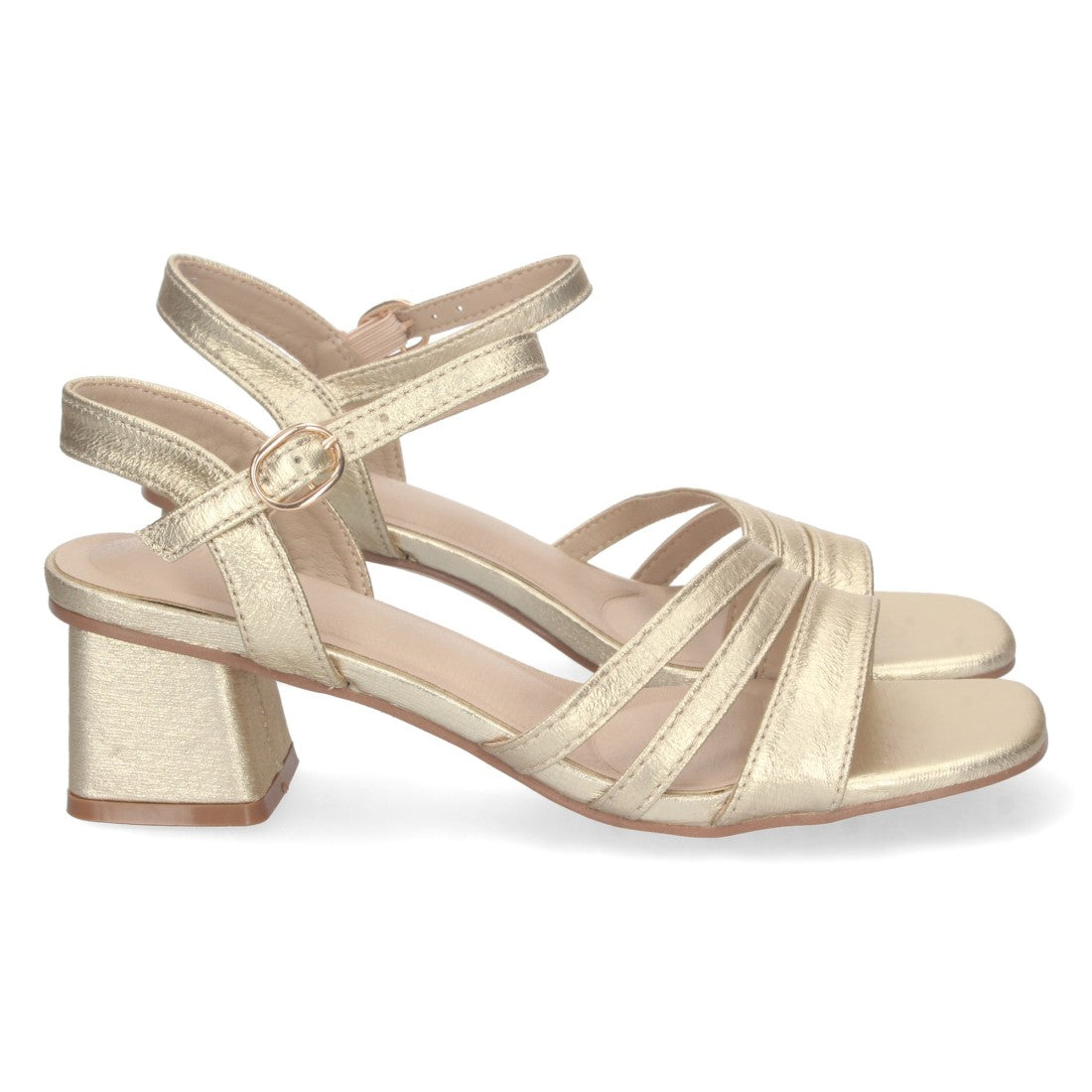 Sandalias Doradas Mujer Tacón Triple Pala Fina Brillante Hebilla Tobillo Fiesta