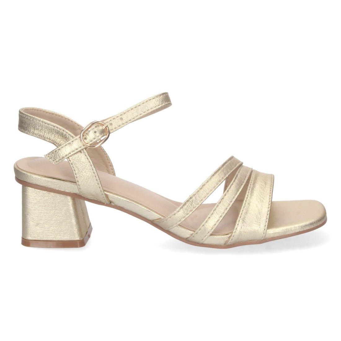 Sandalias Doradas Mujer Tacón Triple Pala Fina Brillante Hebilla Tobillo Fiesta