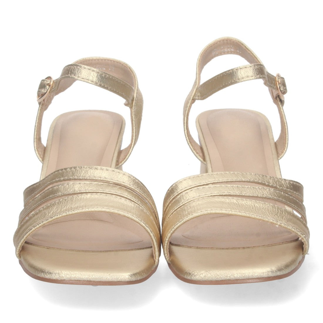 Sandalias Doradas Mujer Tacón Triple Pala Fina Brillante Hebilla Tobillo Fiesta