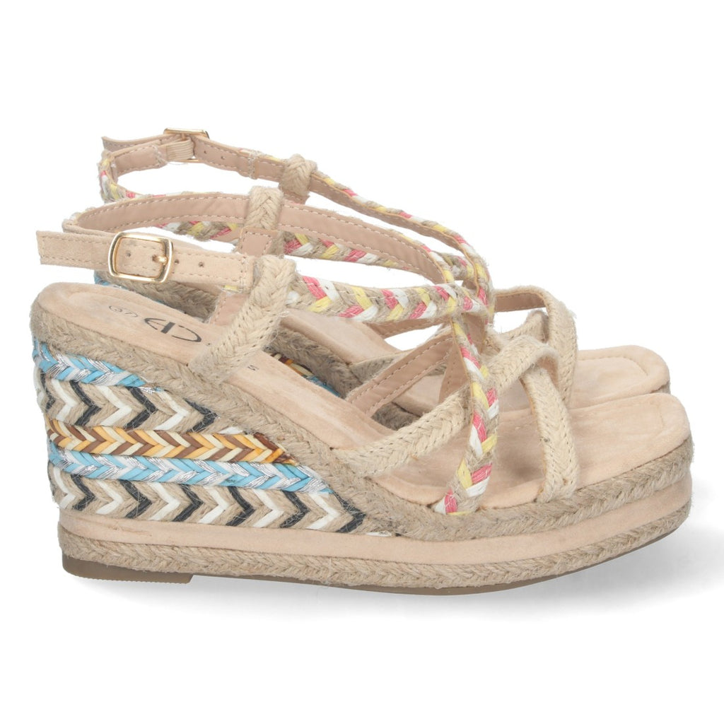 Sandalias Cuña Beige Mujer Yute Motivos Étnicos
