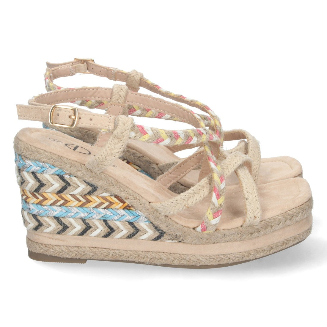 Sandalias Cuña Beige Mujer Yute Motivos Étnicos