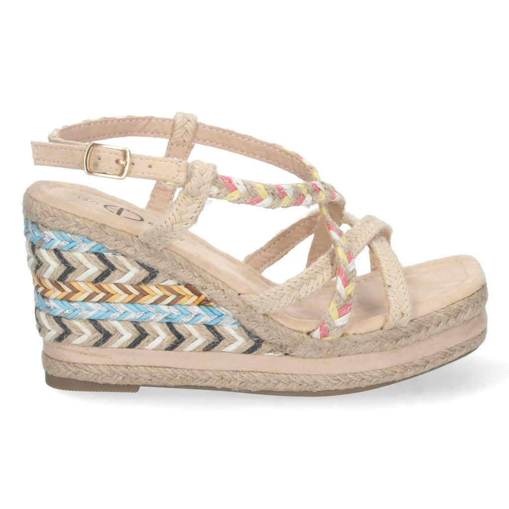 Sandalias Cuña Beige Mujer Yute Motivos Étnicos