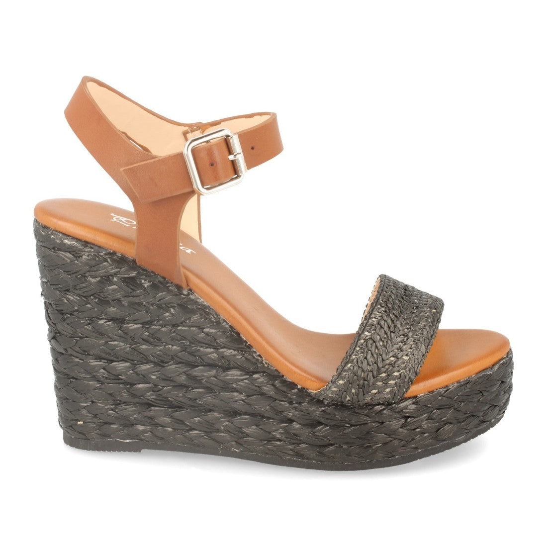 Sandalias Negras Mujer Cuña Rafia Ankle Strap Pala Fina