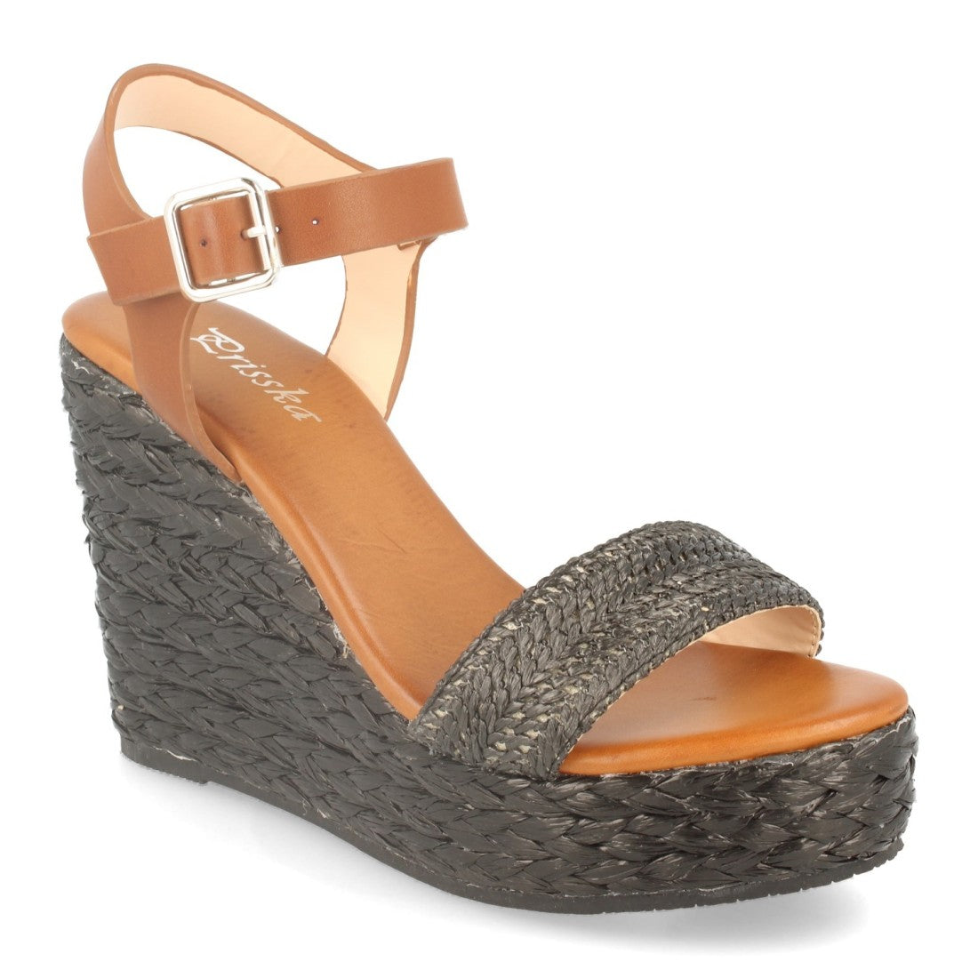Sandalias Negras Mujer Cuña Rafia Ankle Strap Pala Fina