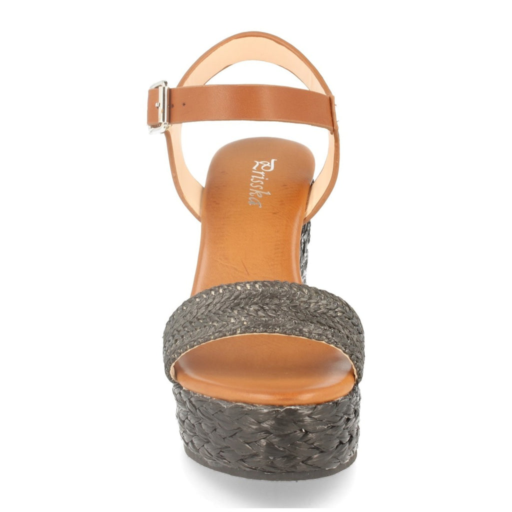 Sandalias Negras Mujer Cuña Rafia Ankle Strap Pala Fina