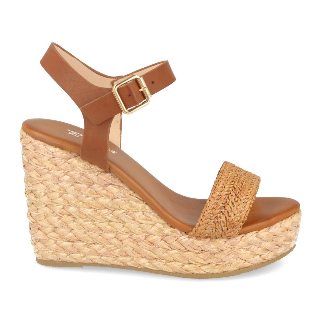 Sandalias Camel Mujer Cuña Rafia Ankle Strap Pala Fina