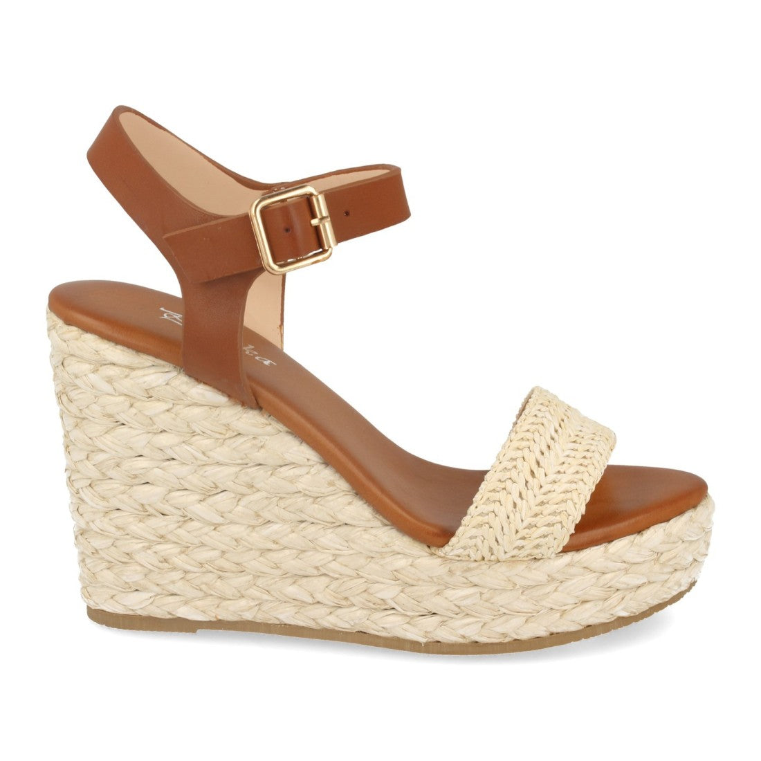 Sandalias Beige Mujer Cuña Rafia Ankle Strap Pala Fina