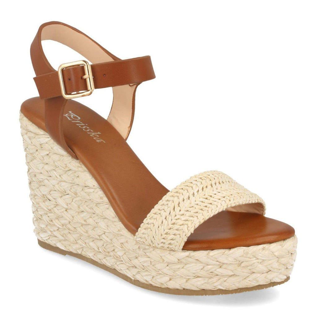 Sandalias Beige Mujer Cuña Rafia Ankle Strap Pala Fina