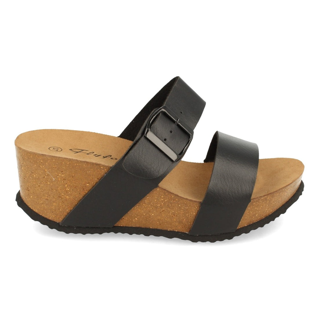 Sandalias Negras Mujer Bio Cuña Pala Fina Hebilla Tacón Elegantes