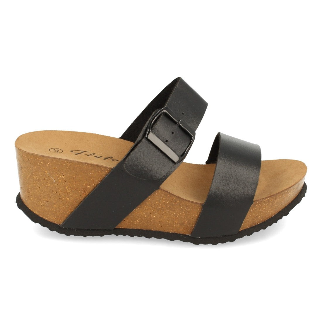 Sandalias Negras Mujer Bio Cuña Pala Fina Hebilla Tacón Elegantes
