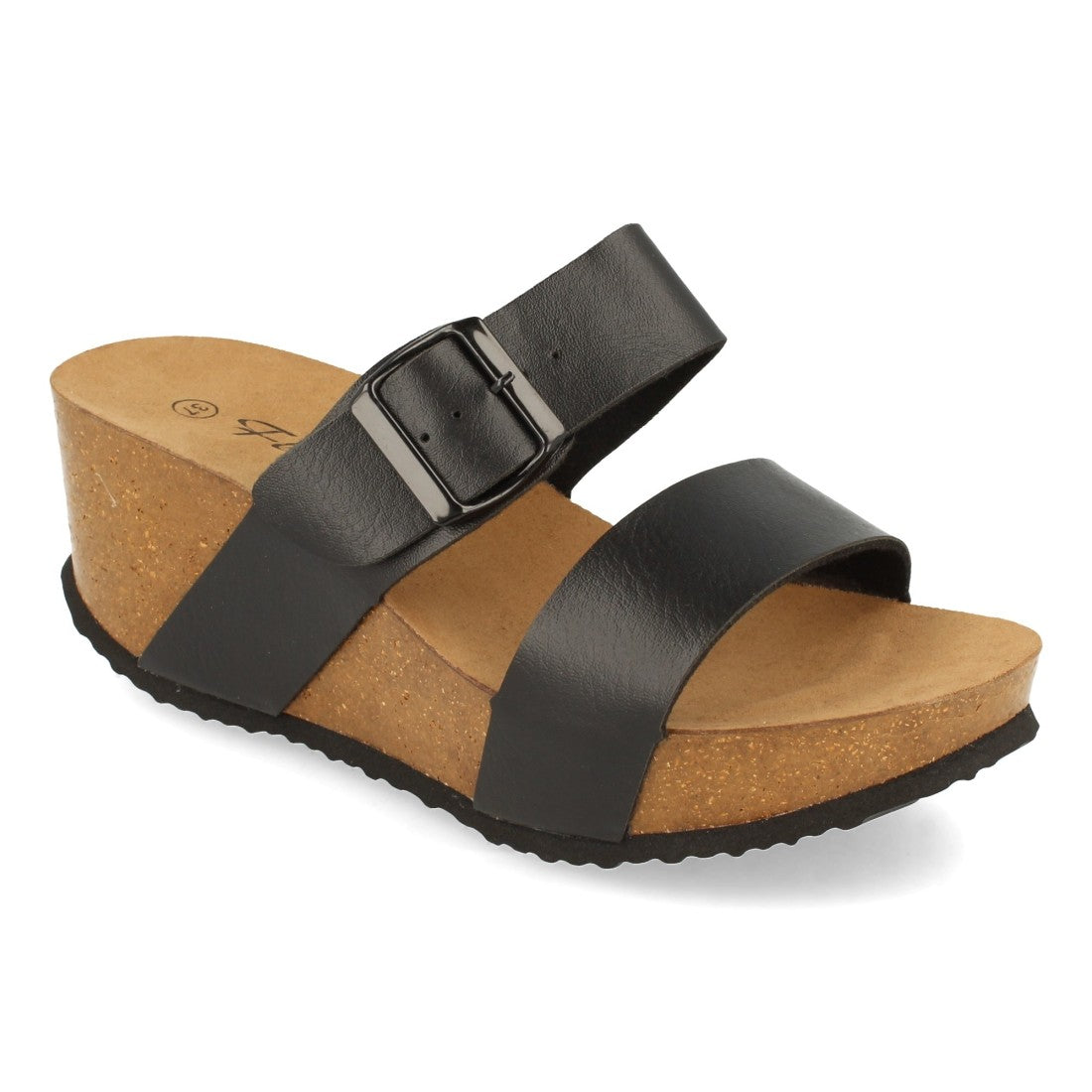 Sandalias Negras Mujer Bio Cuña Pala Fina Hebilla Tacón Elegantes