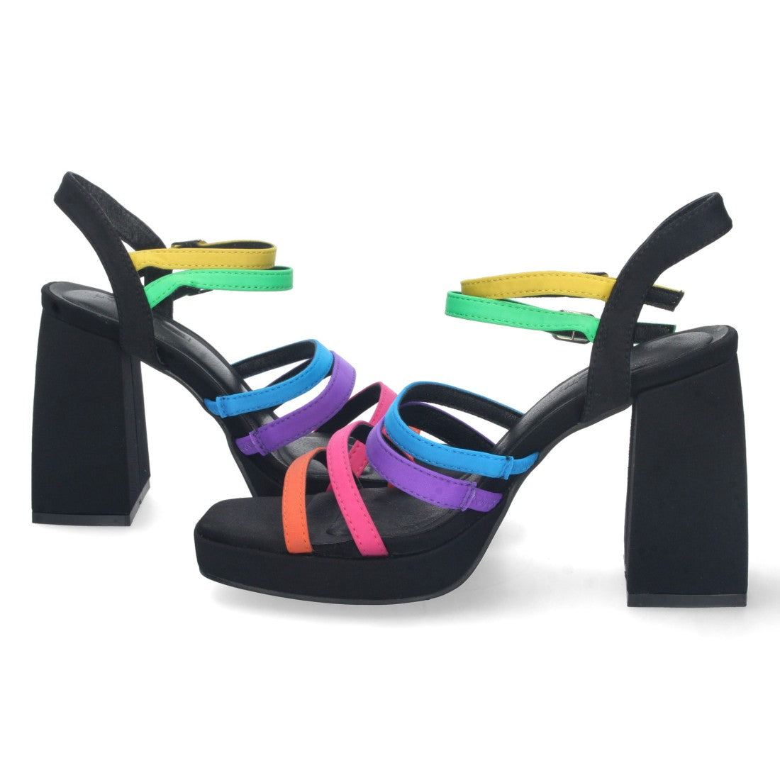 Sandalias Multicolor Mujer Tacón Tiras Doble Hebilla Elegantes