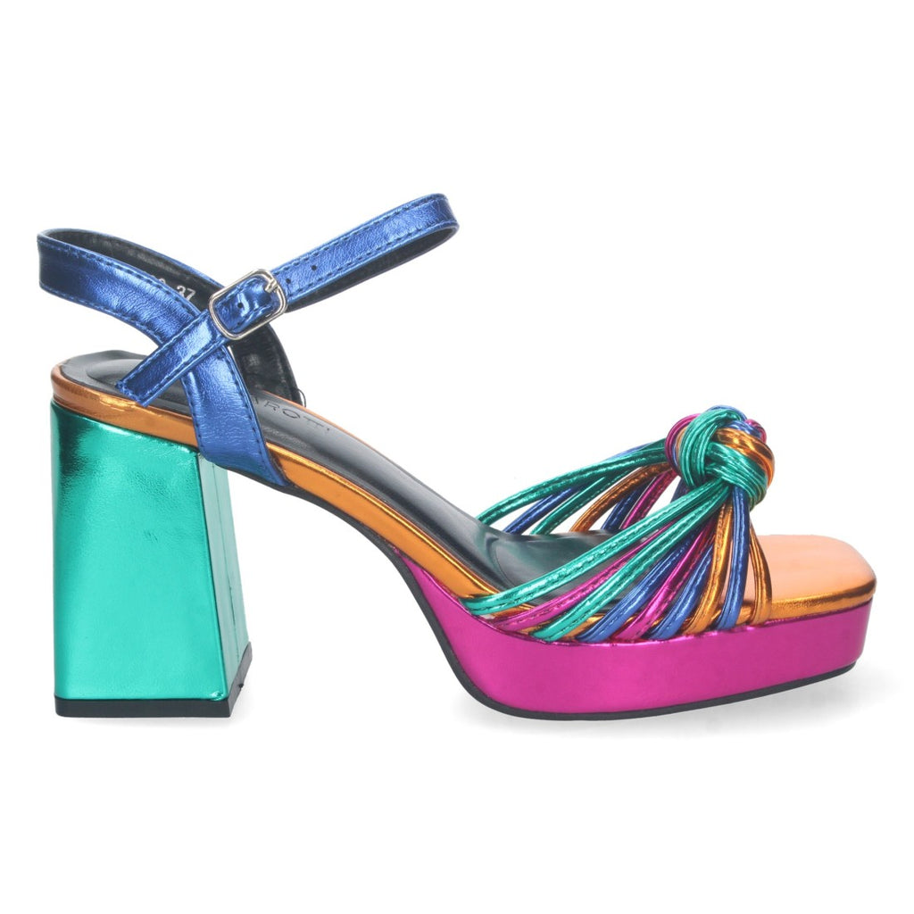 Sandalias Multicolor Mujer Tacón Ancho Tiras Enredadas Elegantes