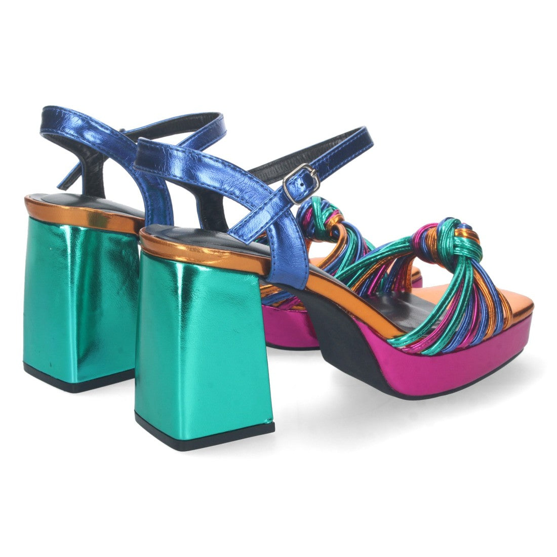 Sandalias Multicolor Mujer Tacón Ancho Tiras Enredadas Elegantes