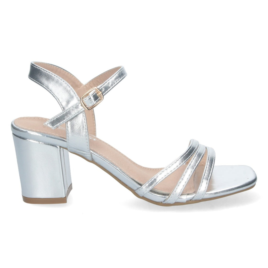 Sandalias Plateadas Mujer Tacón Palas Finas Talón Abierto Cómodas