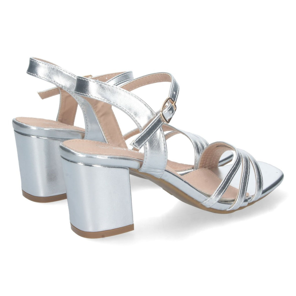 Sandalias Plateadas Mujer Tacón Palas Finas Talón Abierto Cómodas