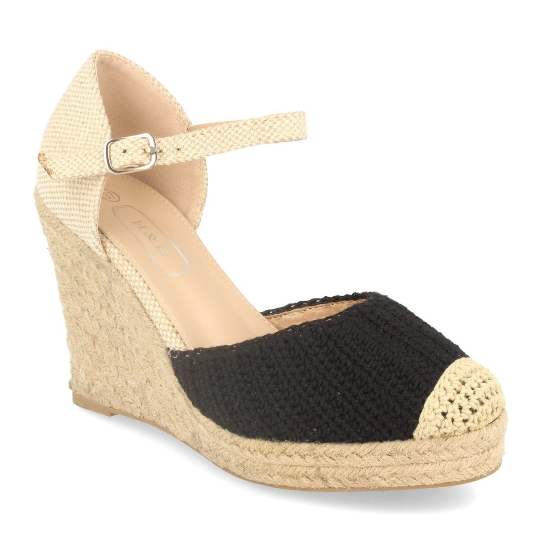 Sandalias Negras Mujer Cuña Yute Crochet Ankle Strap