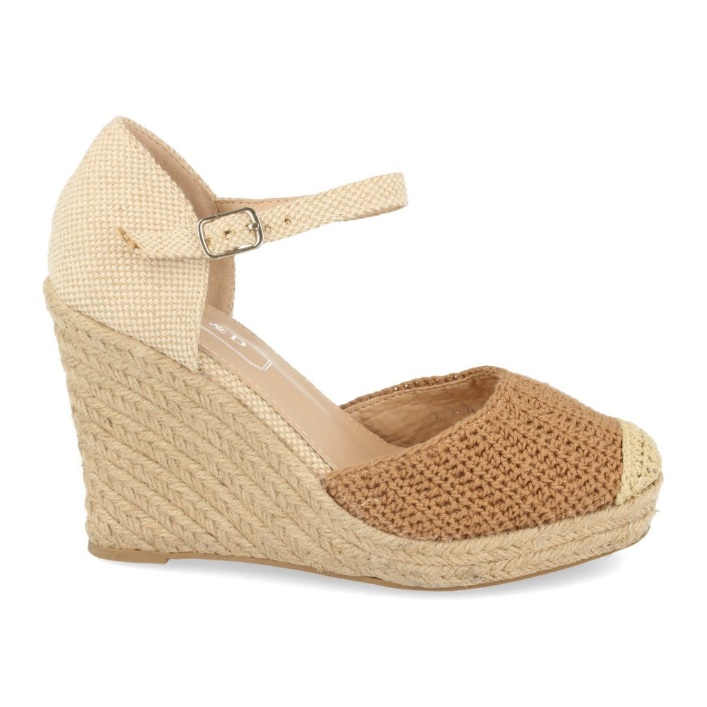Sandalias Camel Mujer Cuña Yute Crochet Ankle Strap