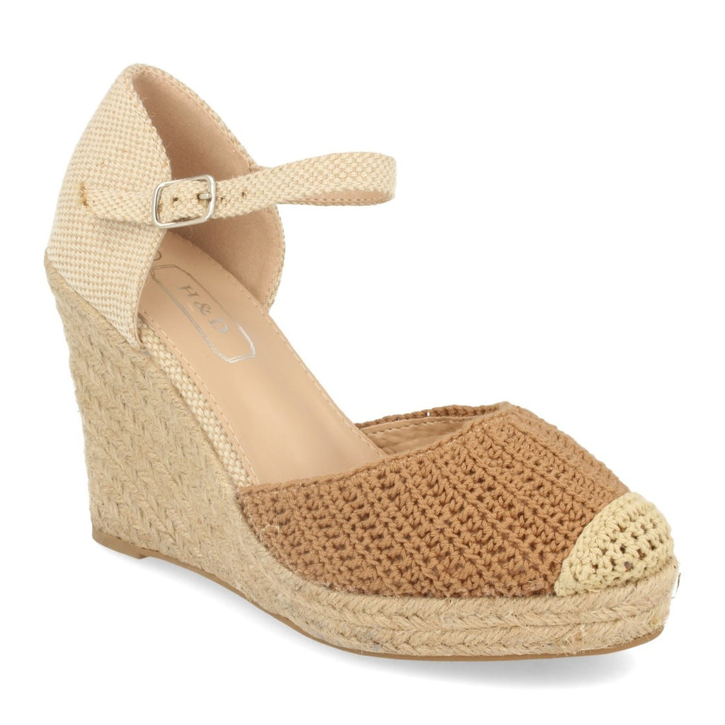 Sandalias Camel Mujer Cuña Yute Crochet Ankle Strap
