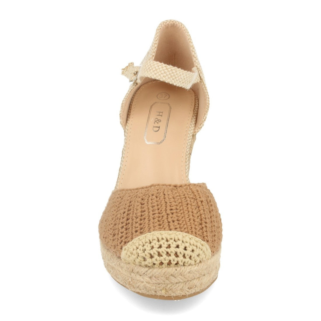 Sandalias Camel Mujer Cuña Yute Crochet Ankle Strap