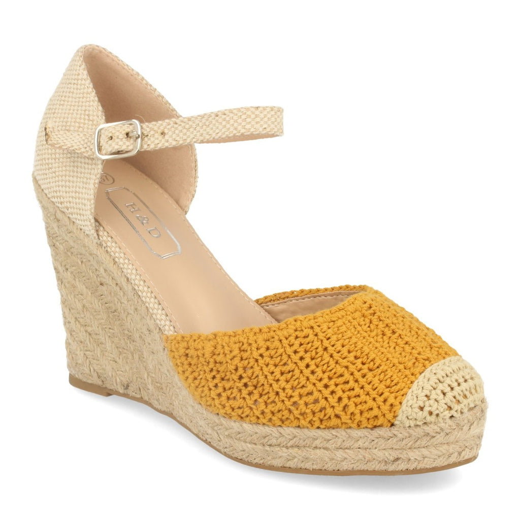 Sandalias Amarillas Mujer Cuña Yute Crochet Ankle Strap