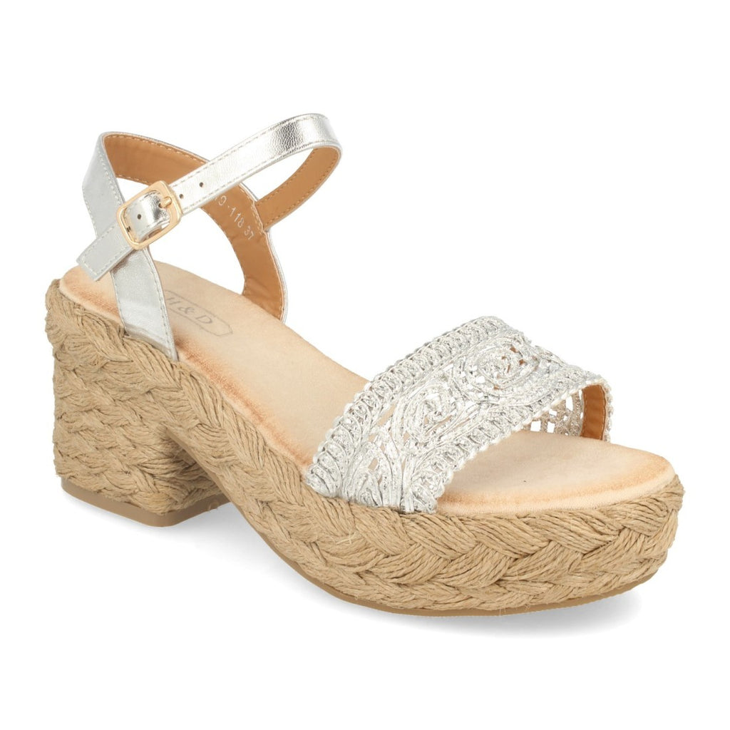 Sandalias Plateadas Mujer Tacón Plataforma Yute Ankle Strap