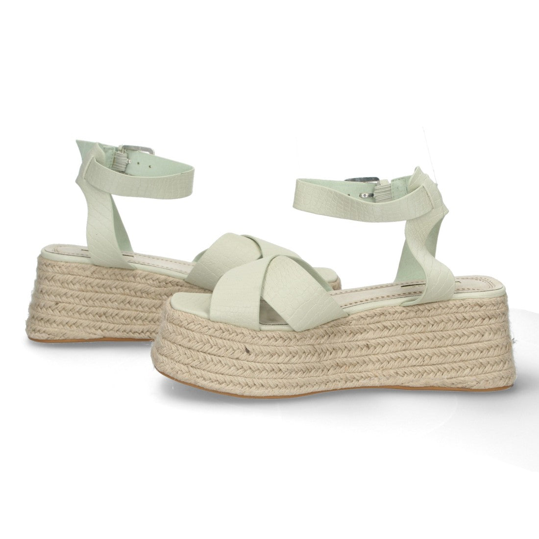 Sandalias Verdes Mujer Plataforma Yute Grabado Serpiente Tiras Cruzadas Elegantes