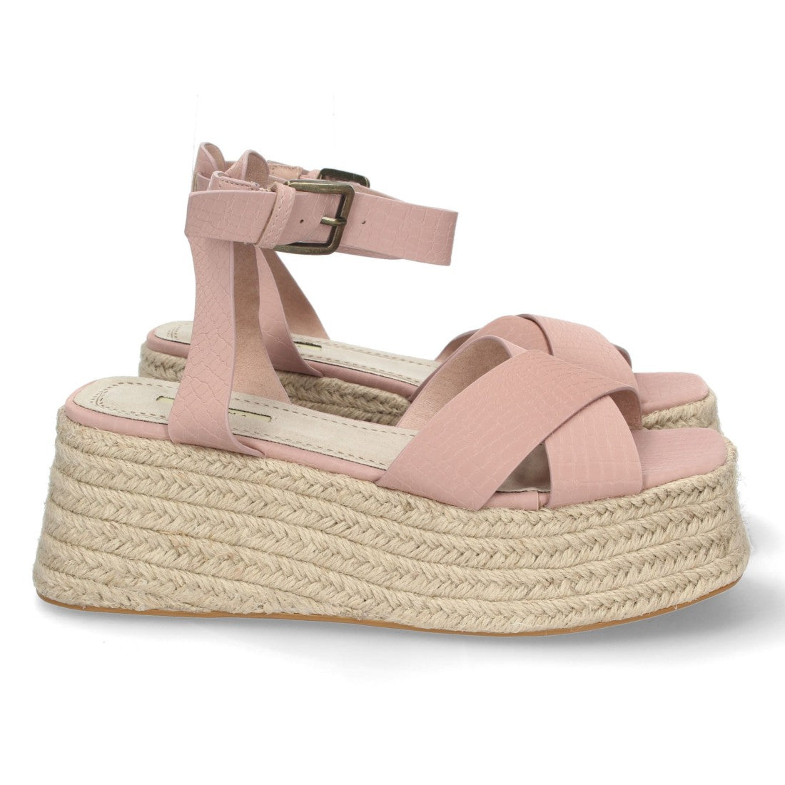 Sandalias Rosas Mujer Plataforma Yute Grabado Serpiente Tiras Cruzadas Elegantes