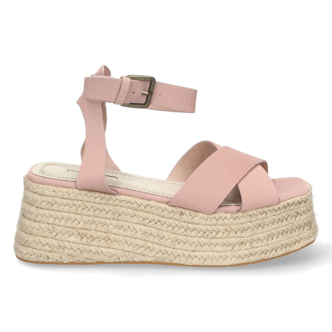 Sandalias Rosas Mujer Plataforma Yute Grabado Serpiente Tiras Cruzadas Elegantes