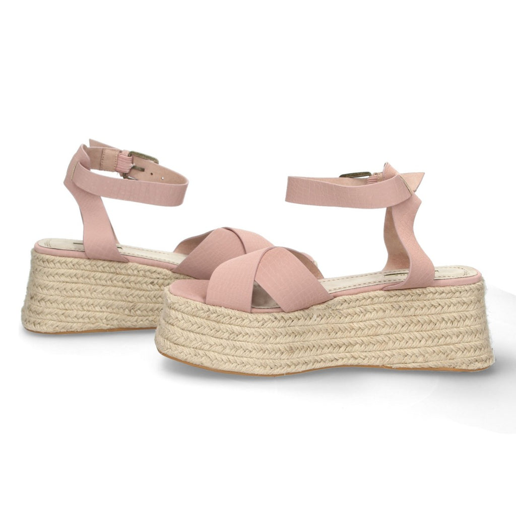 Sandalias Rosas Mujer Plataforma Yute Grabado Serpiente Tiras Cruzadas Elegantes