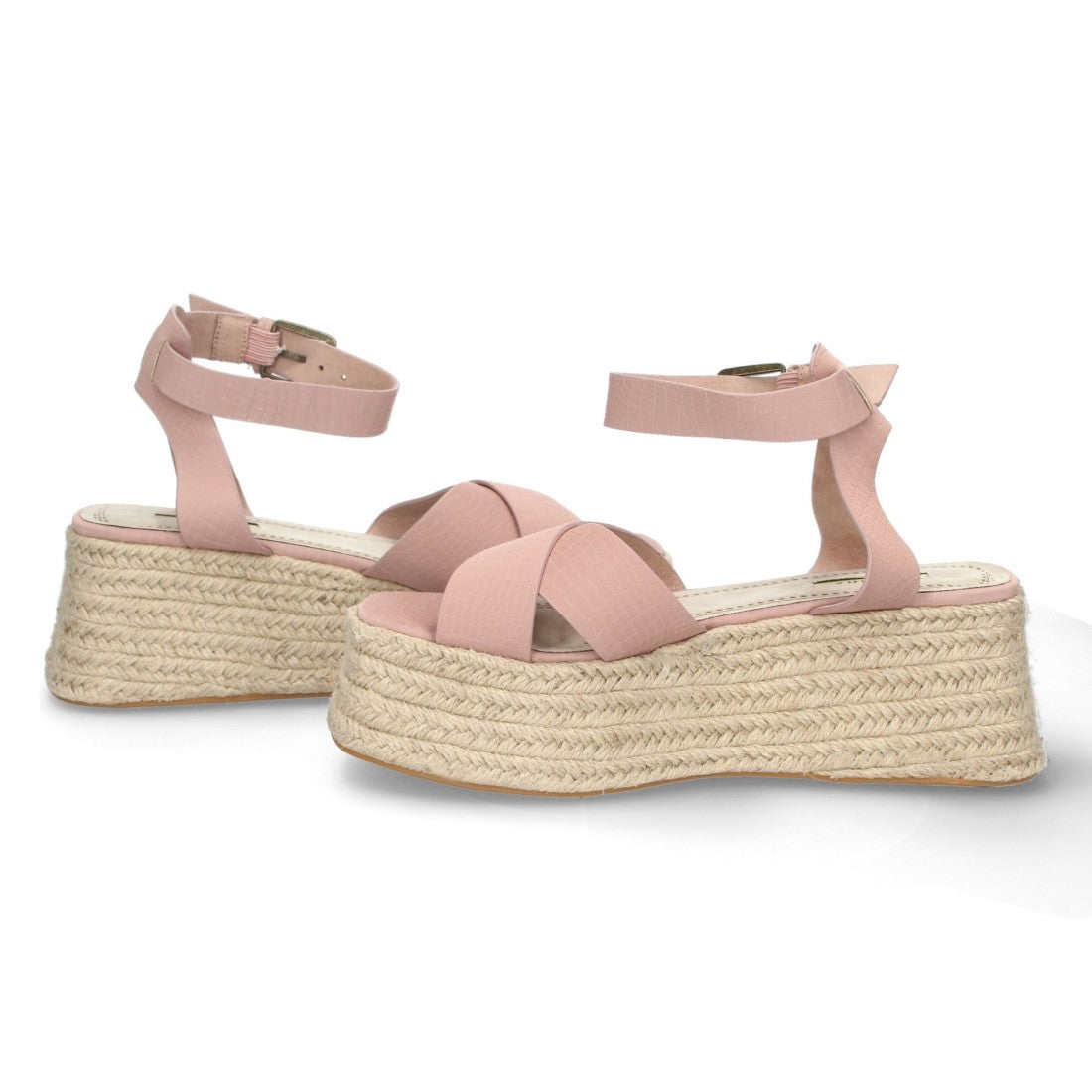 Sandalias Rosas Mujer Plataforma Yute Grabado Serpiente Tiras Cruzadas Elegantes